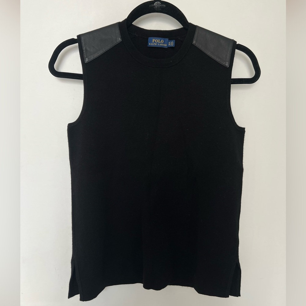 Polo Ralph Lauren Black Sleeveless Sweater with  Leather Accents